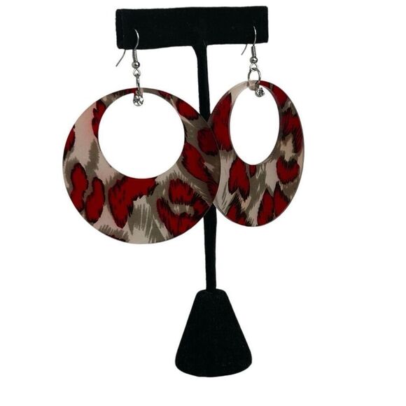 Vtg Dangle Earrings Women's 3 1/4" Red Gray Circle Acrylic Animal Print Pierced - Picture 7 of 7